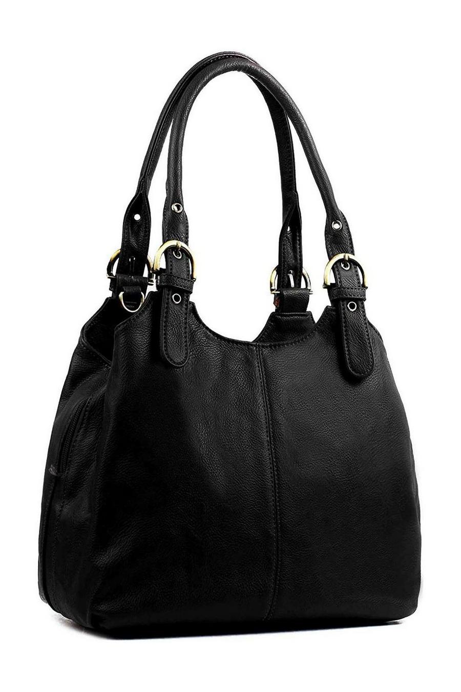 Black Tri-Compartments Tote Handbag Shoulder Bag with Detachable Strap image number 1