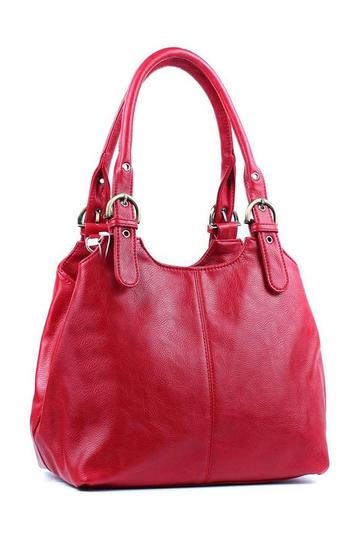 Red Tri-Compartments Tote Handbag Shoulder Bag with Detachable Strap