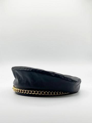 Metallic Zola PU Leather Beret With Gold Metal Chain Detail