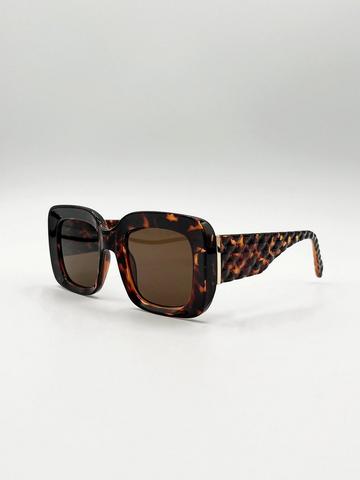 Oversized Square Sunglasses with Diamond Check Print Arm Brown