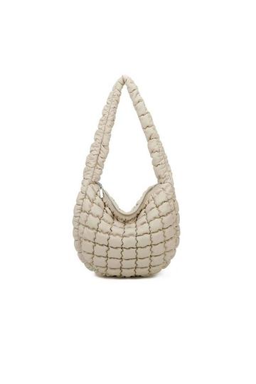 Quilted Puffer Padding Handbag Shoulder Bag Beige