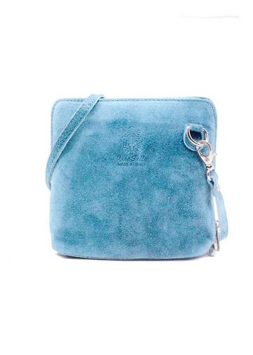 Small Genuine Italian Suede Leather Zip Around Crossbody Bag Light Blue