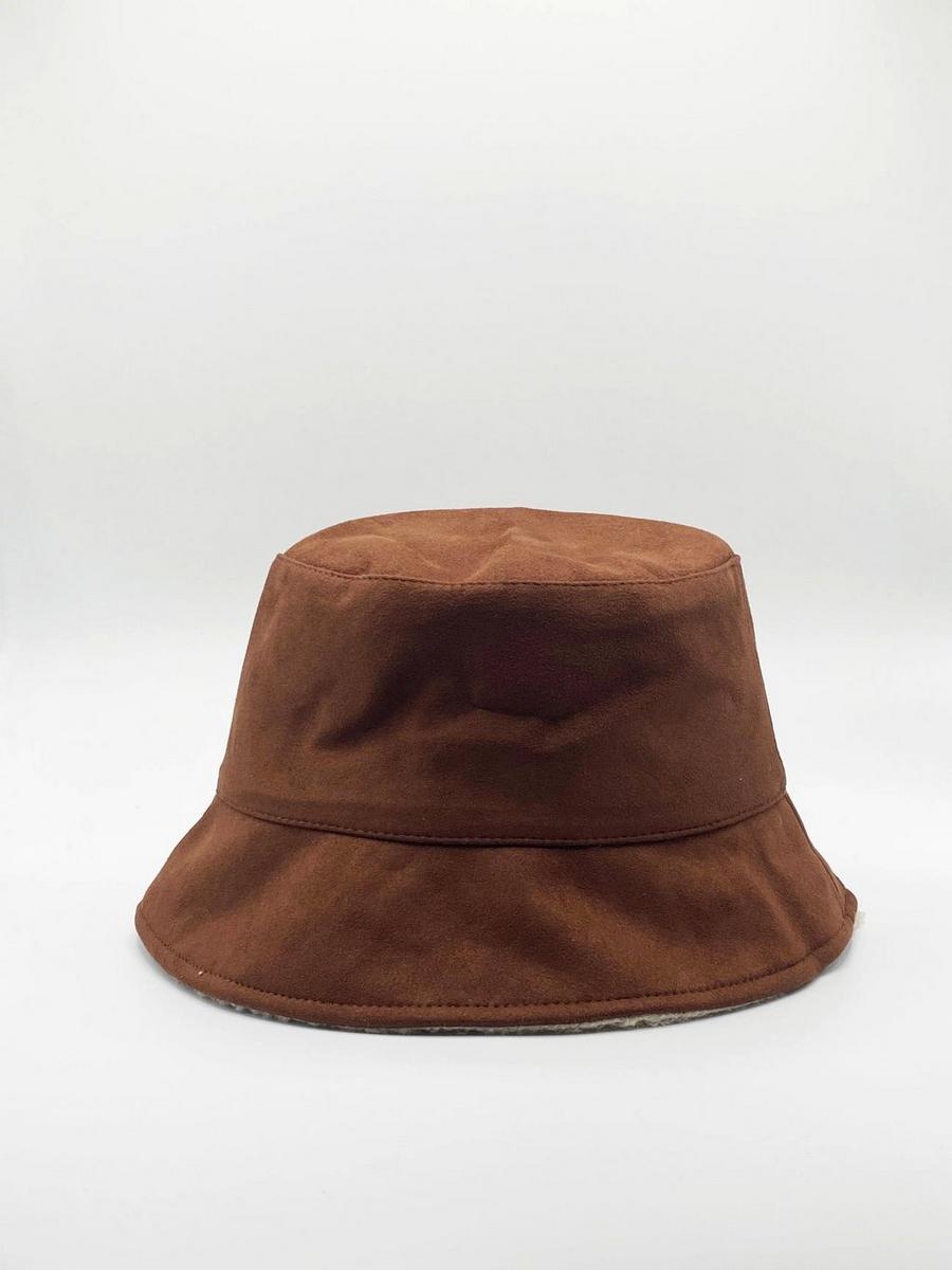 Brown Reversible Bucket Hat In Suede & Borg