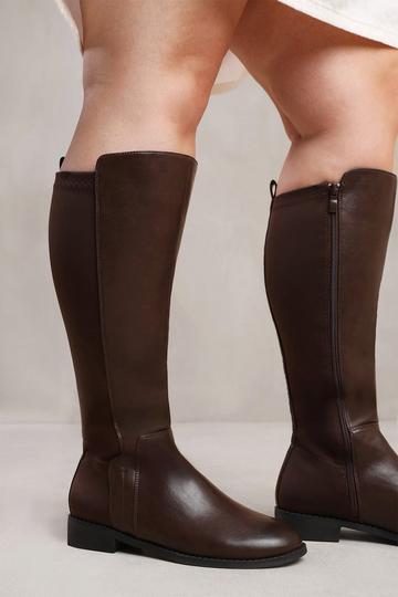 'Parker' Stretch Wide Calf Knee High Boots With Side Zip Brown