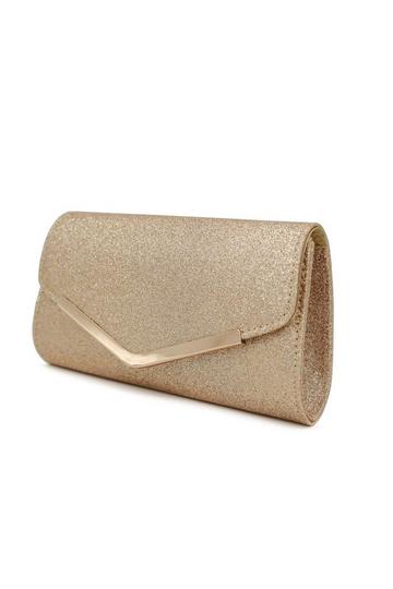 Small Shiny V Shape Glitter Envelope Clutch Bag With Chain Strap Gold