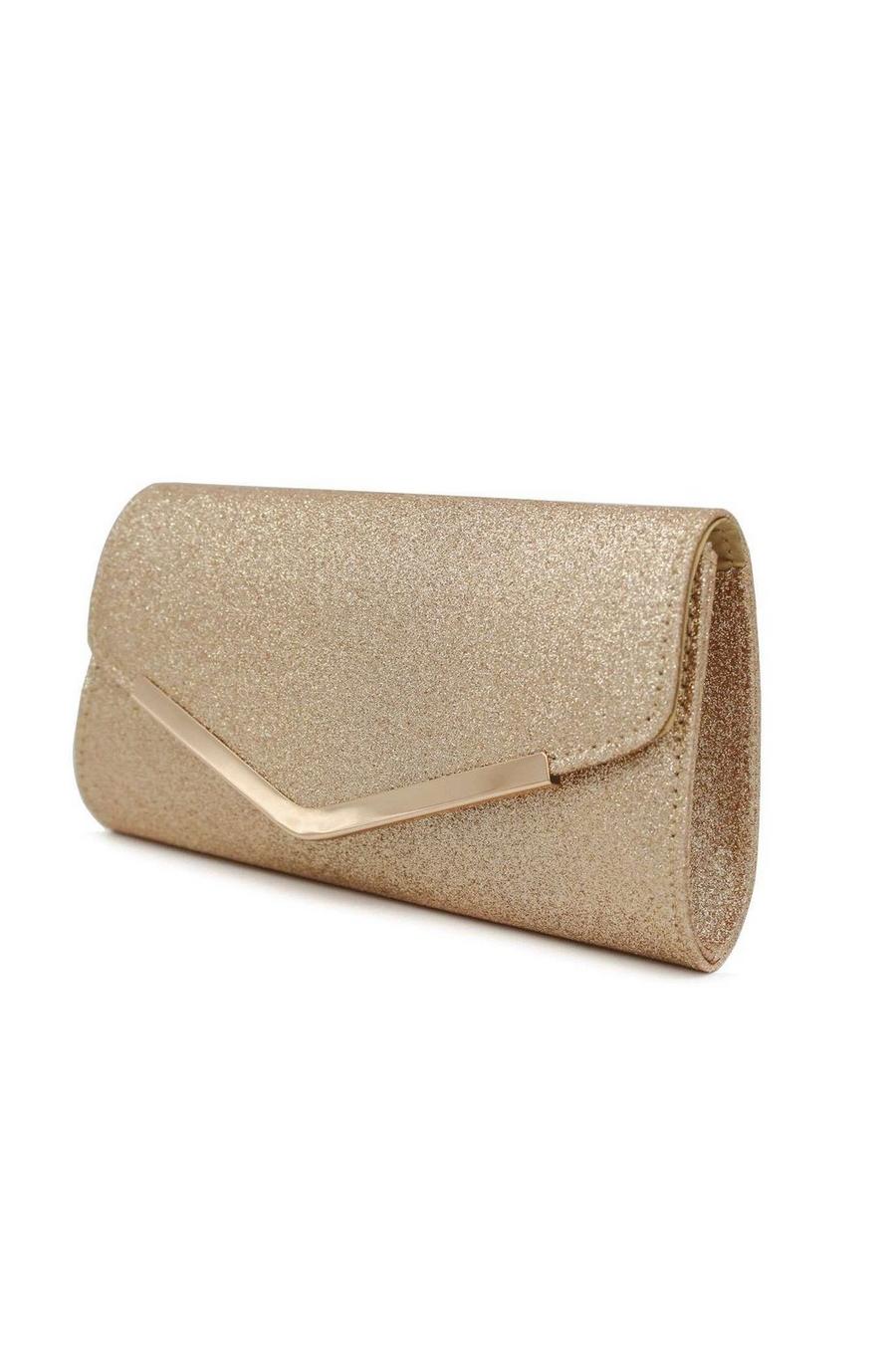 Gold Small  Shiny V Shape  Glitter Envelope Clutch Bag With Chain Strap