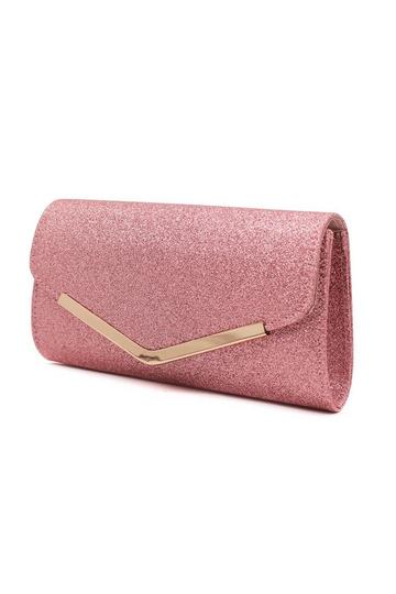 Pink Small Shiny V Shape Glitter Envelope Clutch Bag With Chain Strap