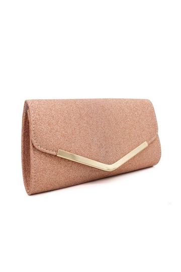 Rose Pink Small Shiny V Shape Glitter Envelope Clutch Bag With Chain Strap