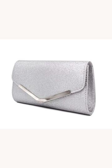 Silver Small Shiny V Shape Glitter Envelope Clutch Bag With Chain Strap