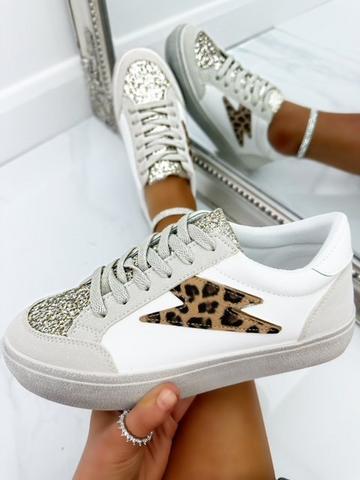 Glitter Leopard Print Bolt Trainers Beige