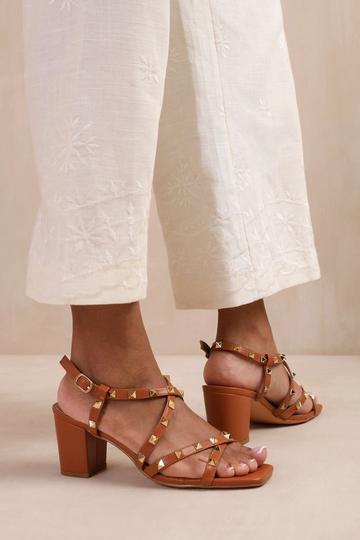 'Intense' Strappy Block Heel Sandals With Stud Detail Tan