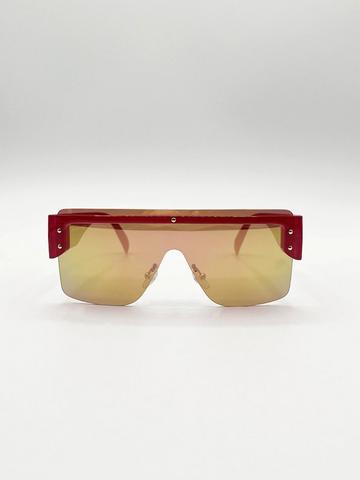 Oversized Flat Top Sunglasses with Mirrored Lens Red