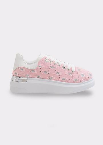 Pink Glitter Distressed Denim Trainers