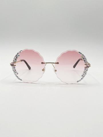 Oversized Round Frameless Sunglasses with Crystal Detail in Pink Baby Pink