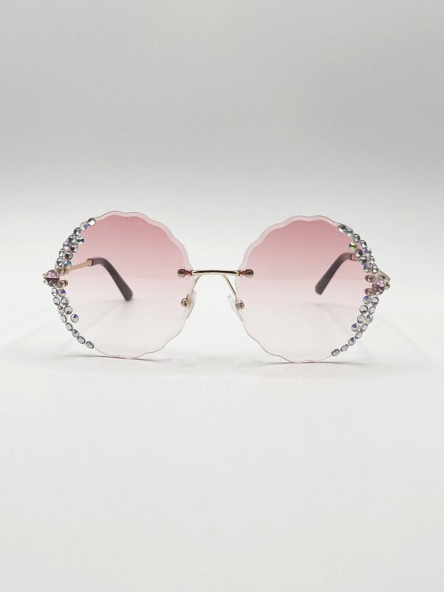 Baby pink Oversized Round Frameless Sunglasses with Crystal Detail in Pink