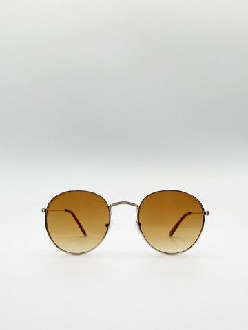 Gold Metallic Classic Round Metal Frame Sunglasses