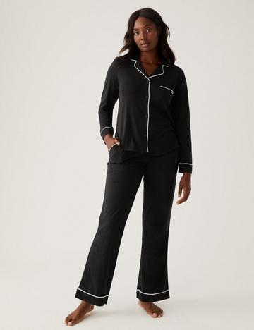 Signature Long Sleeve Notch Collar Pyjama Set Black