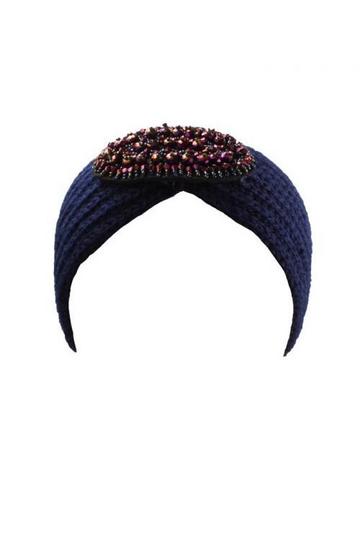 Navy Knitted Headband With Purple Jewel Detail Navy