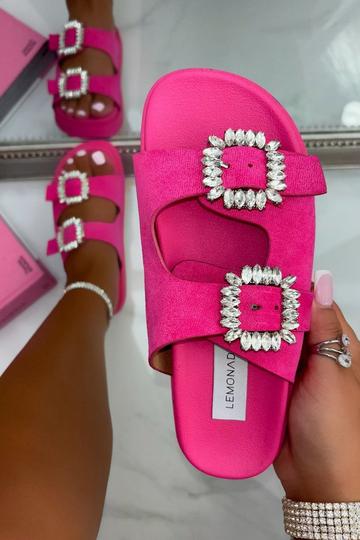 Pink Crystal Bejewelled Double Buckle Sliders