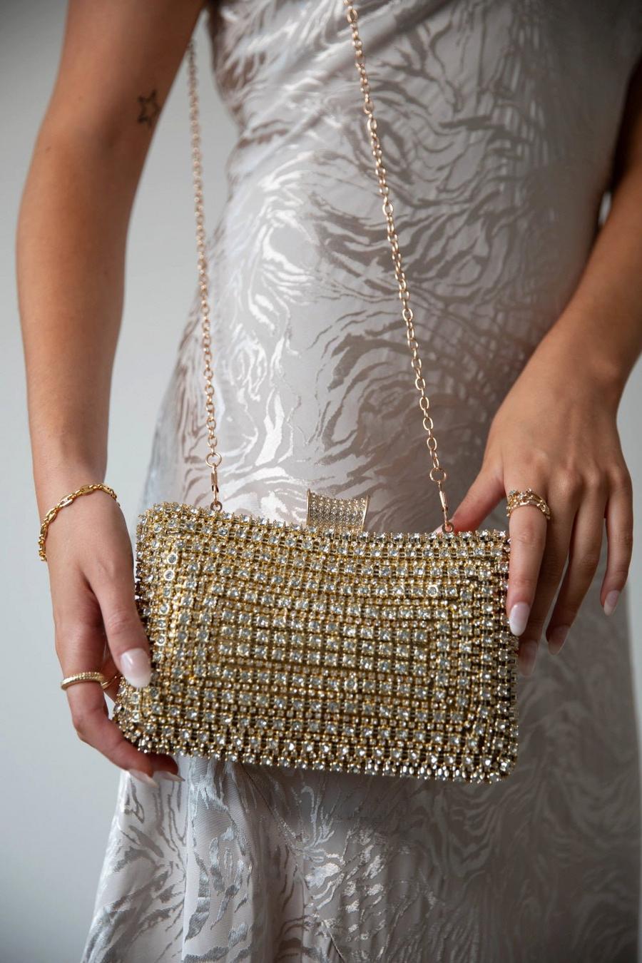 Gold Diamante Clutch With Round Handle