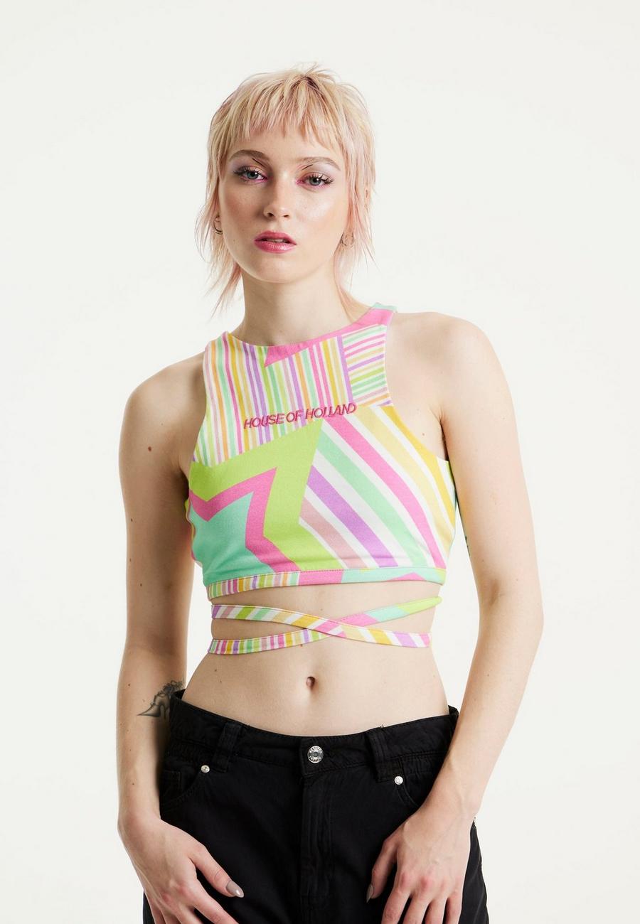 Multi Star Print Jersey Crop Top With Open Back