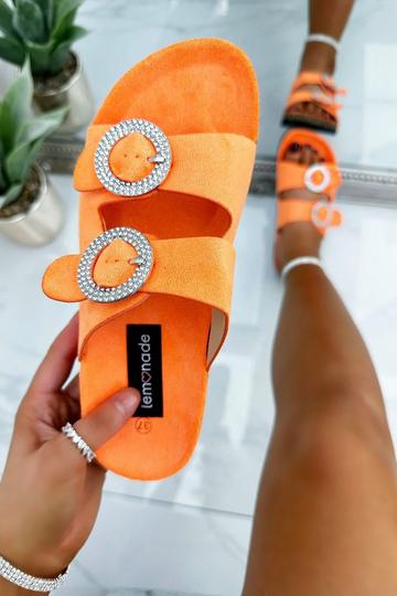 Crystal Cirque Suede Double Buckle Sliders Orange