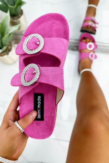 Pink Crystal Cirque Suede Double Buckle Sliders