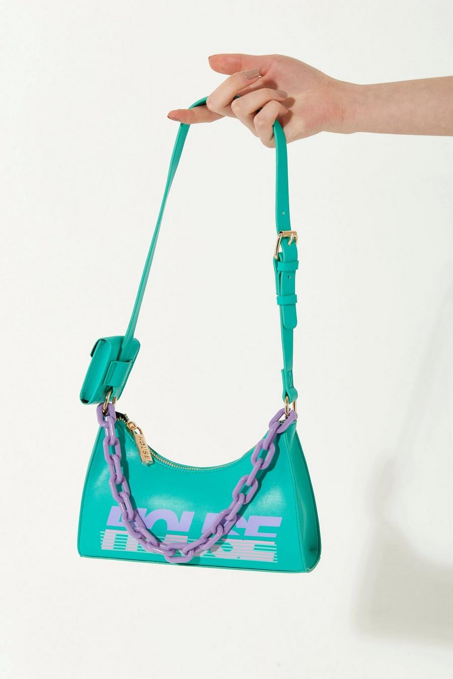 Green Shoulder Bag In Turquoise With ‘House’ Print