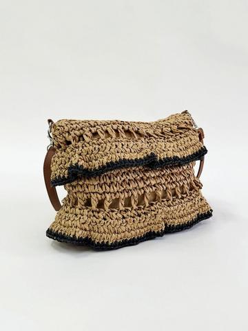 Straw Shoulder Bag with Frill Detail Natural