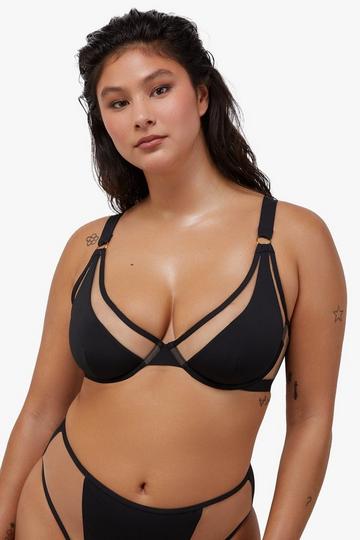 Eloise Fuller Bust Black Eco Triangle Bikini Top With Nude Mesh Black