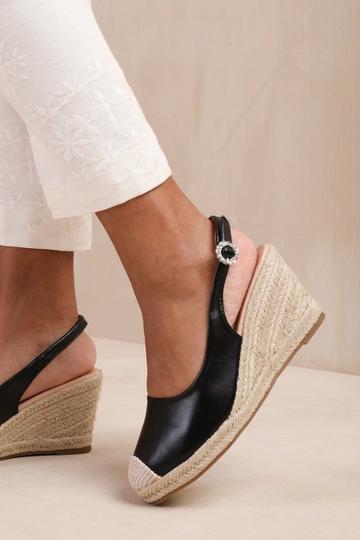 Black 'Nevada' Slingback With Diamante Flower Buckle Espadrille Wedges