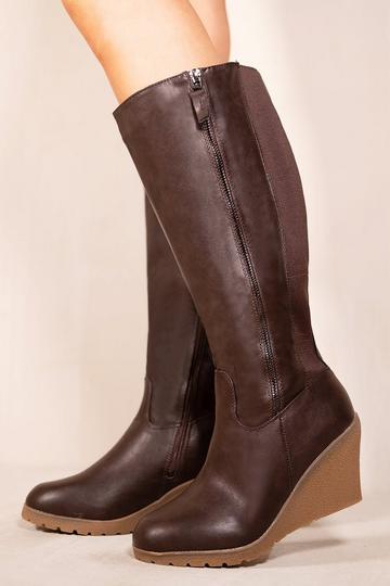 'Lara' Wedge Heel Mid Calf High Boots With Side Zip Brown