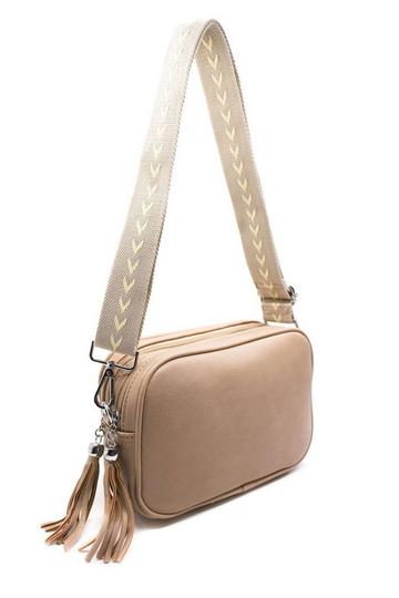 Double Zipper PU Leather Tassel Charm Canvas Strap Crossbody Bag Beige