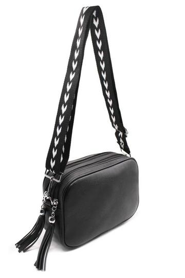 Double Zipper PU Leather Tassel Charm Canvas Strap Crossbody Bag Black