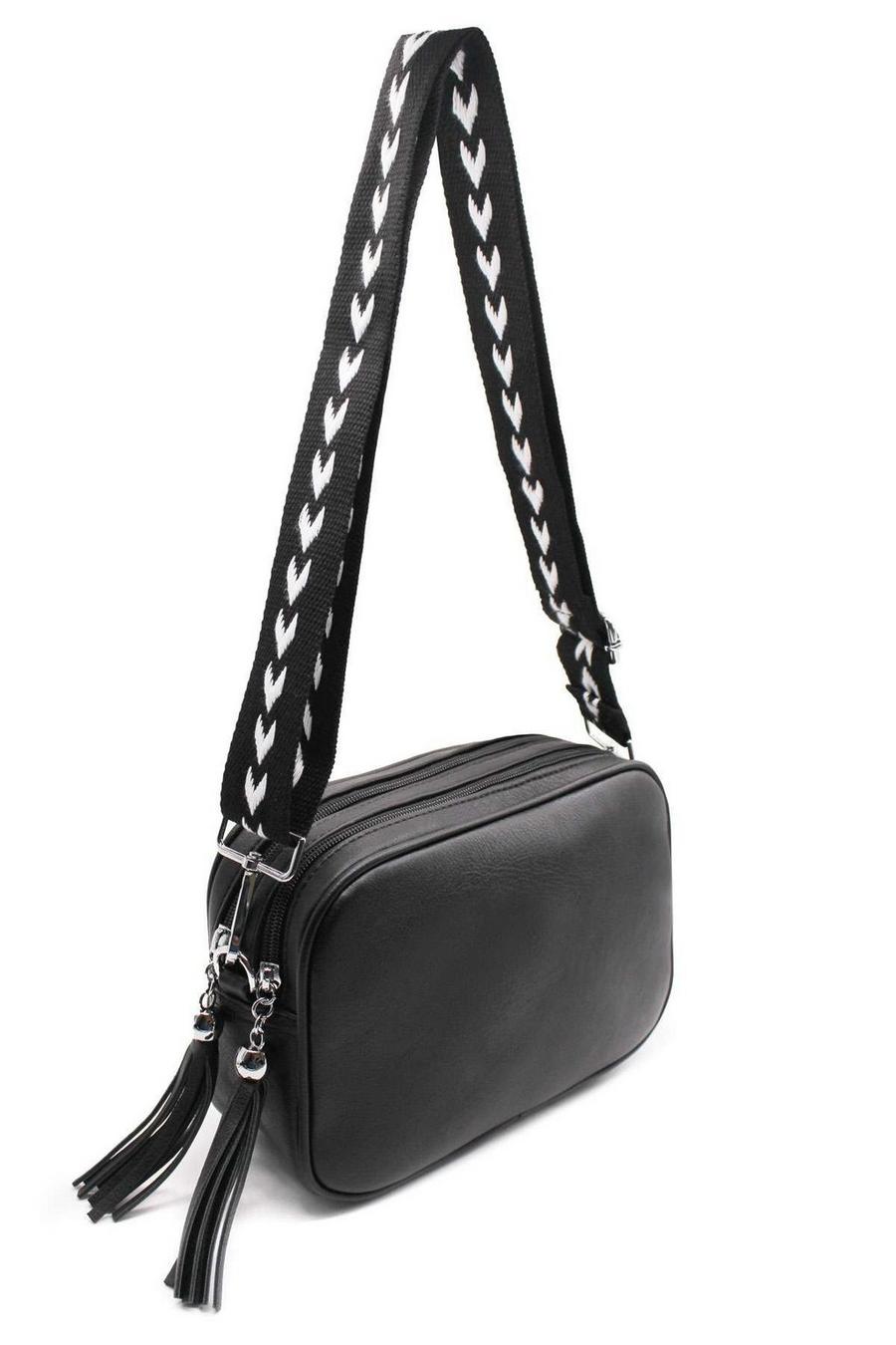 Black Double Zipper PU Leather Tassel Charm Canvas Strap Crossbody Bag image number 1