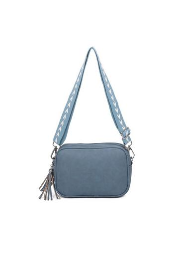 Blue Double Zipper PU Leather Tassel Charm Canvas Strap Crossbody Bag