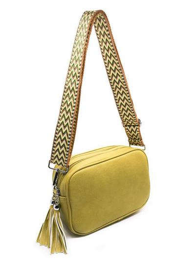 Double Zipper PU Leather Tassel Charm Canvas Strap Crossbody Bag Green