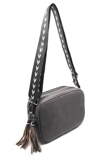 Grey Double Zipper PU Leather Tassel Charm Canvas Strap Crossbody Bag