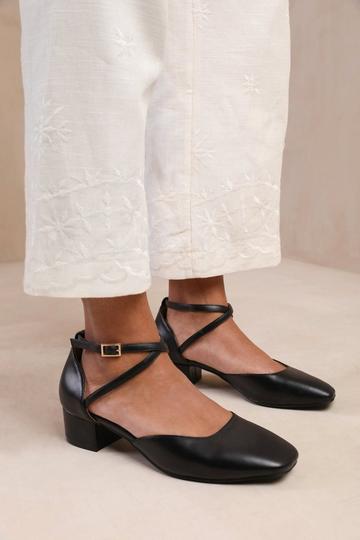 Black 'Peru' Cross Over Ankle Strap Low Block Heel