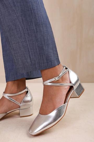 Silver 'Peru' Cross Over Ankle Strap Low Block Heel