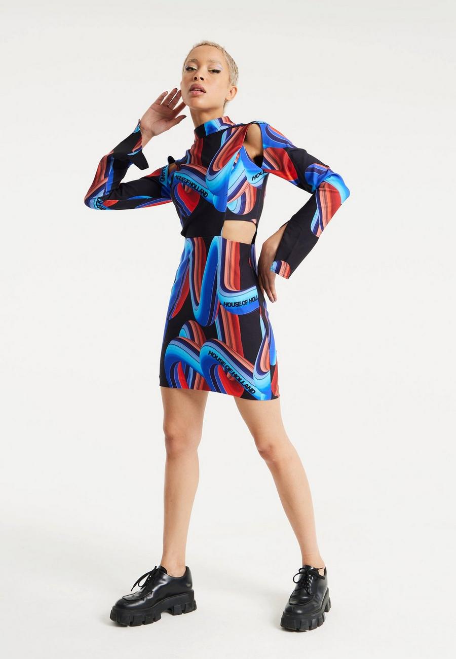 Multi Abstract Print Mini Dress With Cut Out Details And Sleeve Slit
