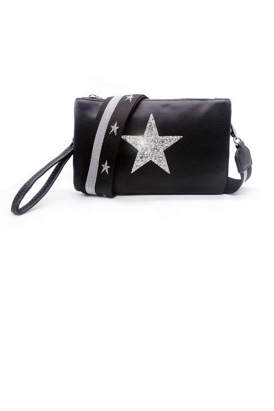 Black Double Compartment Guitar Strap Shiny Glittered Star Small Messenger Crossbody Bag