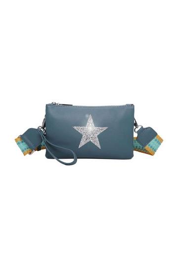 Blue Double Compartment Guitar Strap Shiny Glittered Star Small Messenger Crossbody Bag