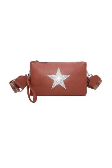 Brown Double Compartment Guitar Strap Shiny Glittered Star Small Messenger Crossbody Bag