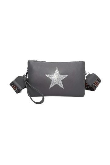 Grey Double Compartment Guitar Strap Shiny Glittered Star Small Messenger Crossbody Bag