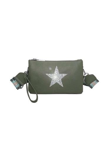 Green Double Compartment Guitar Strap Shiny Glittered Star Small Messenger Crossbody Bag