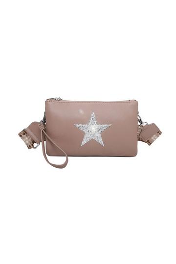 Khaki Double Compartment Guitar Strap Shiny Glittered Star Small Messenger Crossbody Bag