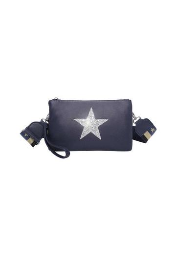 Double Compartment Guitar Strap Shiny Glittered Star Small Messenger Crossbody Bag Navy