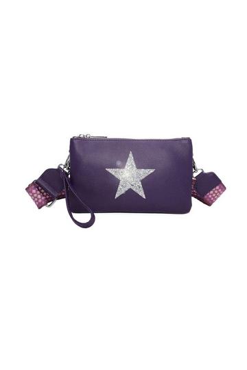 Double Compartment Guitar Strap Shiny Glittered Star Small Messenger Crossbody Bag Purple