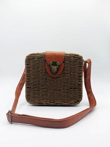 Brown Woven Straw Cross Body Bag with PU Leather Clasp